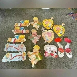 Vintage Die Cut Cardboard Valentines Wall Decorations  Two Sided - Lot Of 14